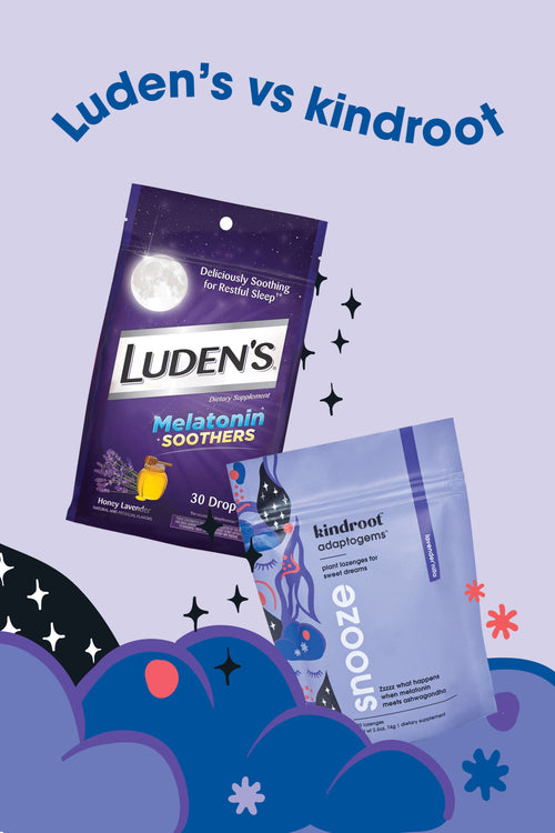 Luden's bag of lozenges vs. kindroot bag of sleep lozenges on purple background