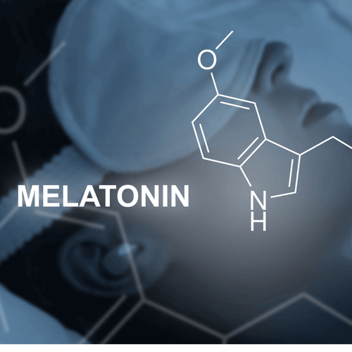 Person sleeping in the background with melatonin text and molecule illustration in the front