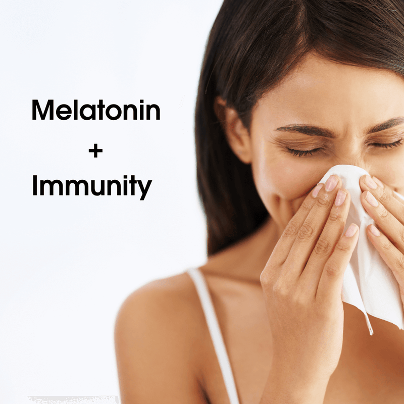 Woman blowing her nose next to copy melatonin + immunity