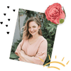 Image of Alisa Pospekhova, the founder of kindroot next to a rose flower and some hearts.