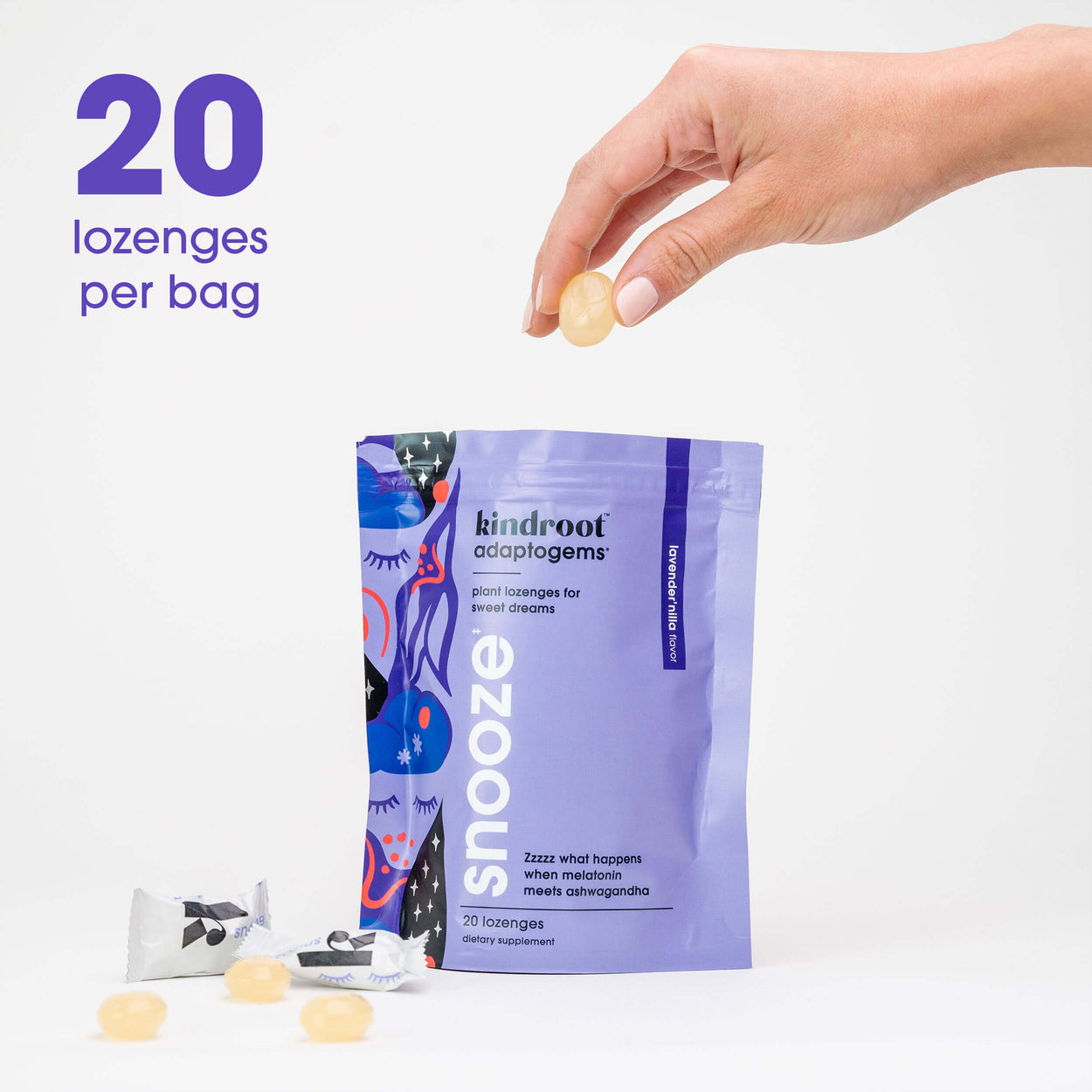 Hand holding melatonin drops bag with one lozenge in hand and 20 lozenges per bag copy on the image